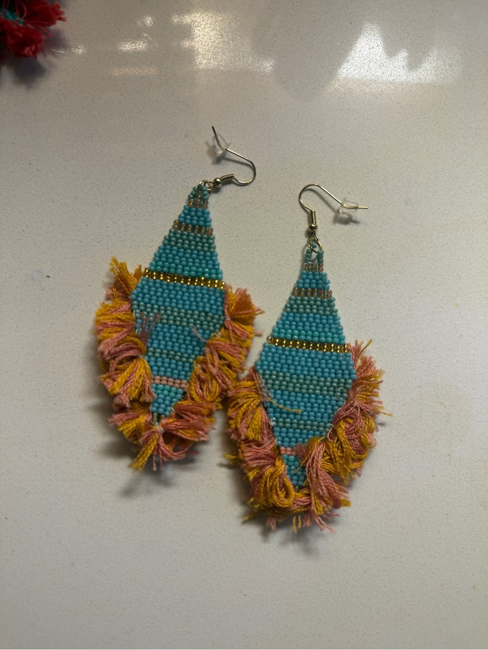 Handmade Beaded Fringe Earrings in Blue & Pink